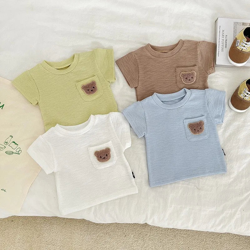 Toddler top shorts set, premium cotton with a sweet bear embroidery, perfect for play.