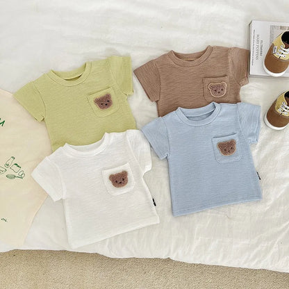 Toddler top shorts set, premium cotton with a sweet bear embroidery, perfect for play.