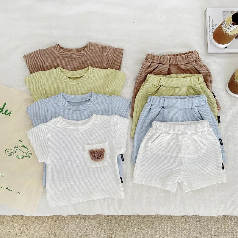Unisex baby summer clothes, bear embroidered short sleeve top paired with casual shorts.