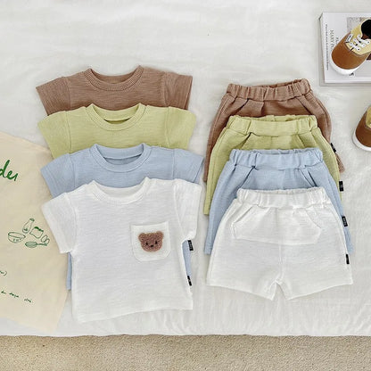 Unisex baby summer clothes, bear embroidered short sleeve top paired with casual shorts.