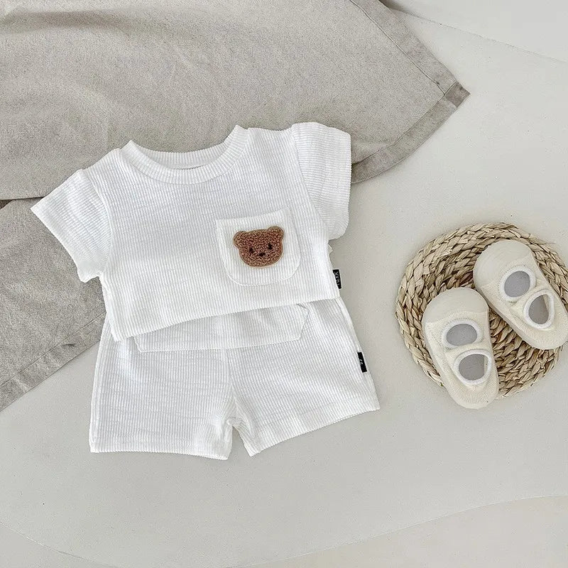 Cotton shorts set for babies, O-neck top with charming bear embroidery, ultimate comfort.