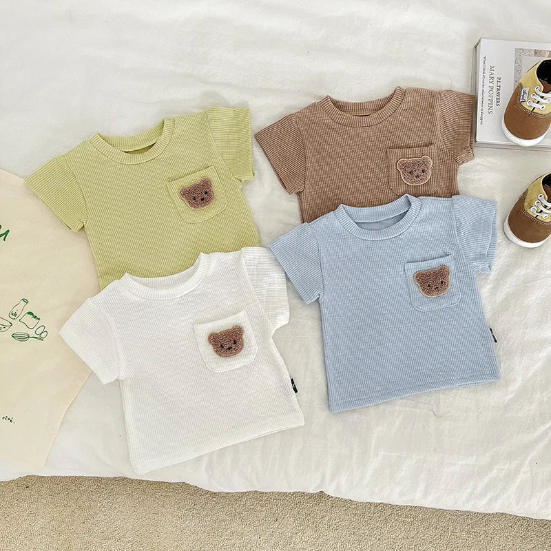 Cute baby boy/girl summer clothing set featuring an O-neck bear embroidery top and shorts.
