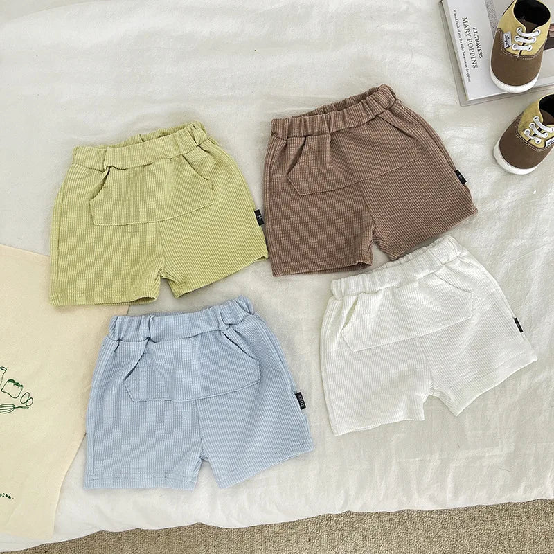 Lightweight cotton baby summer set: bear embroidered top and comfortable elastic shorts.