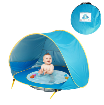 Baby UV protection pop-up beach tent with wading pool, blue. Portable sun shade for infants.
