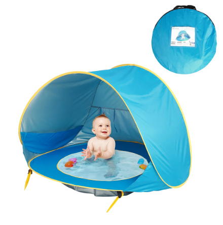 Baby UV protection pop-up beach tent with wading pool, blue. Portable sun shade for infants.