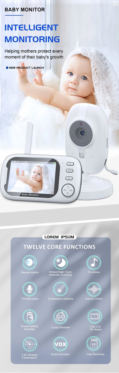 Baby video monitor showing temperature sensor reading on its 3.5-inch screen.