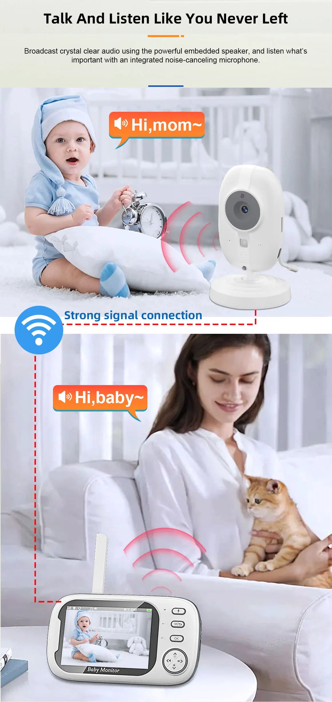 A parent speaking into the baby monitor's two-way audio feature from another room.