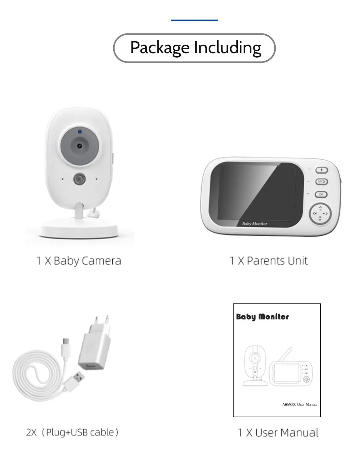 Full set of baby video monitor with camera, parent unit, and power adapters.