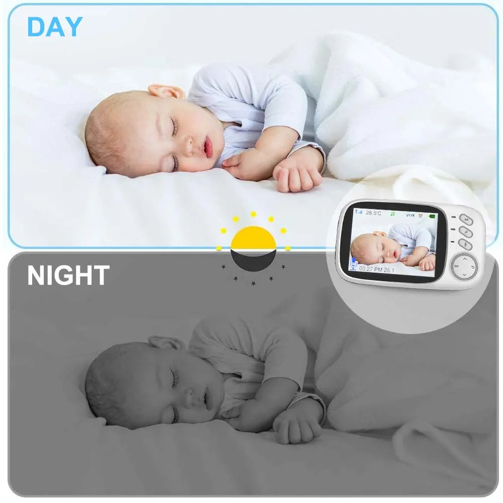 Close-up of the baby monitor screen displaying a sleeping baby in night vision.