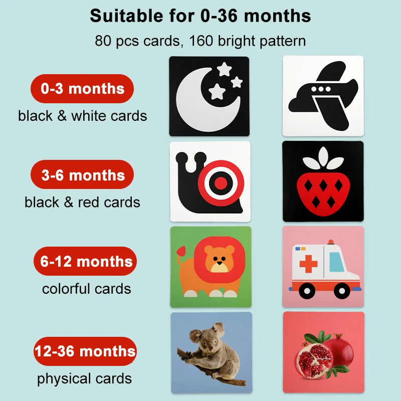 Educational baby toys: a collection of infant vision cards in various black and white patterns