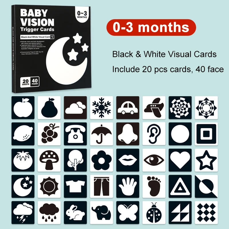 Baby mental development cards showing a variety of simple and complex patterns for newborns