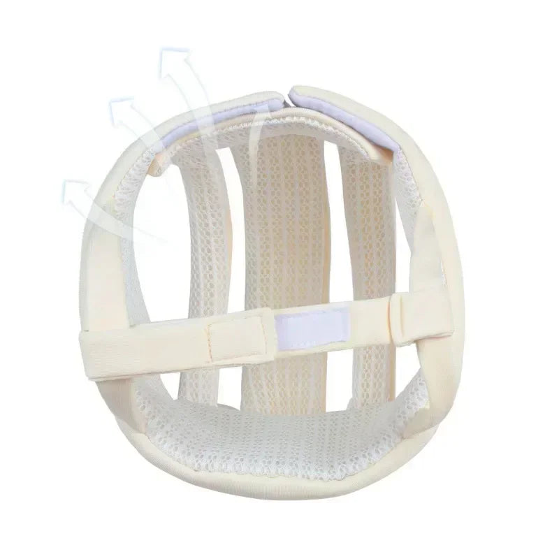 Close-up of an infant head protector helmet showing soft, cushioned anti-collision design
