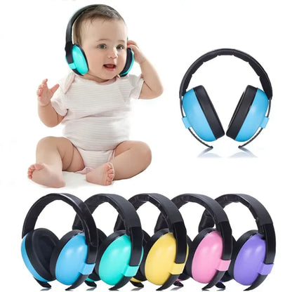 Baby wearing pink noise cancelling earmuffs, sleeping soundly in a crib with neutral background.