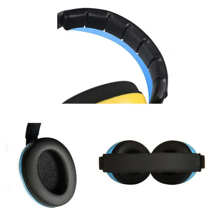 Infant hearing protection earmuffs in blue on a white background, highlighting soft padding for comfort.