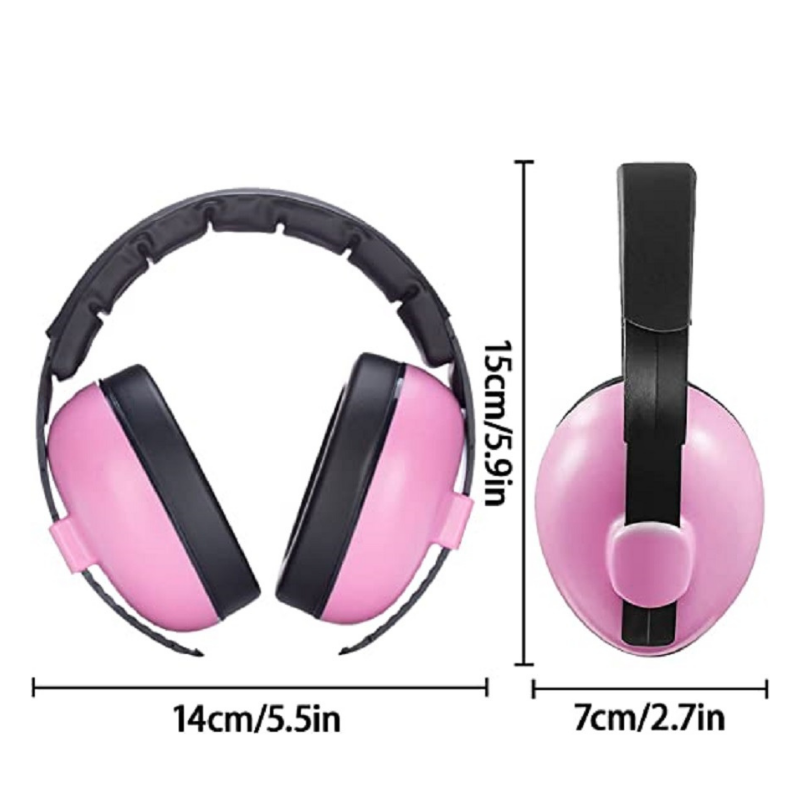 Infant with blue noise cancelling headphones, happy, comfortable toddler ear protection against loud noise.