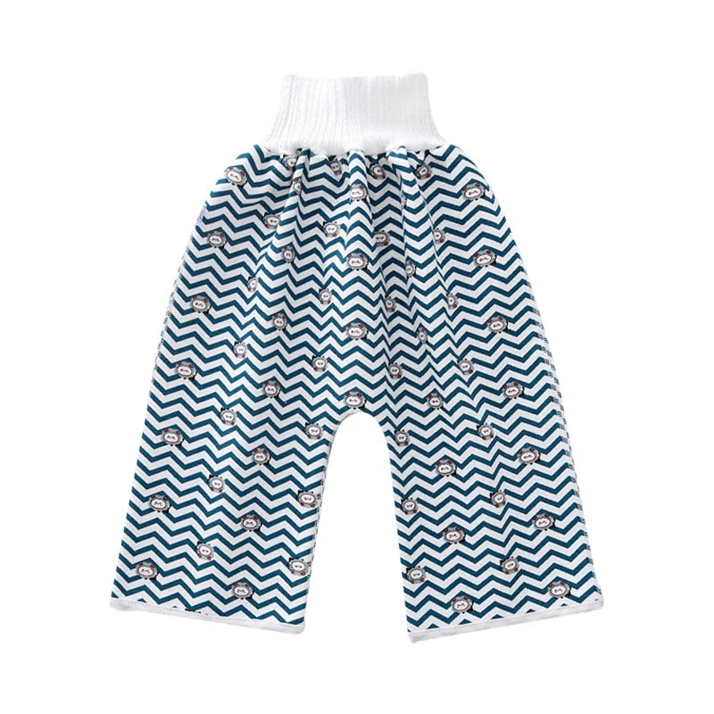 Detail of elastic waistband on reusable waterproof baby diaper pants for a snug fit.