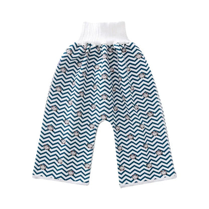 Detail of elastic waistband on reusable waterproof baby diaper pants for a snug fit.