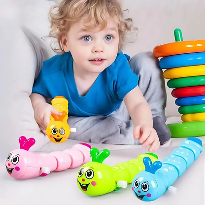Baby wind-up crawling toy in vibrant colors, promoting motor skills development for infants.