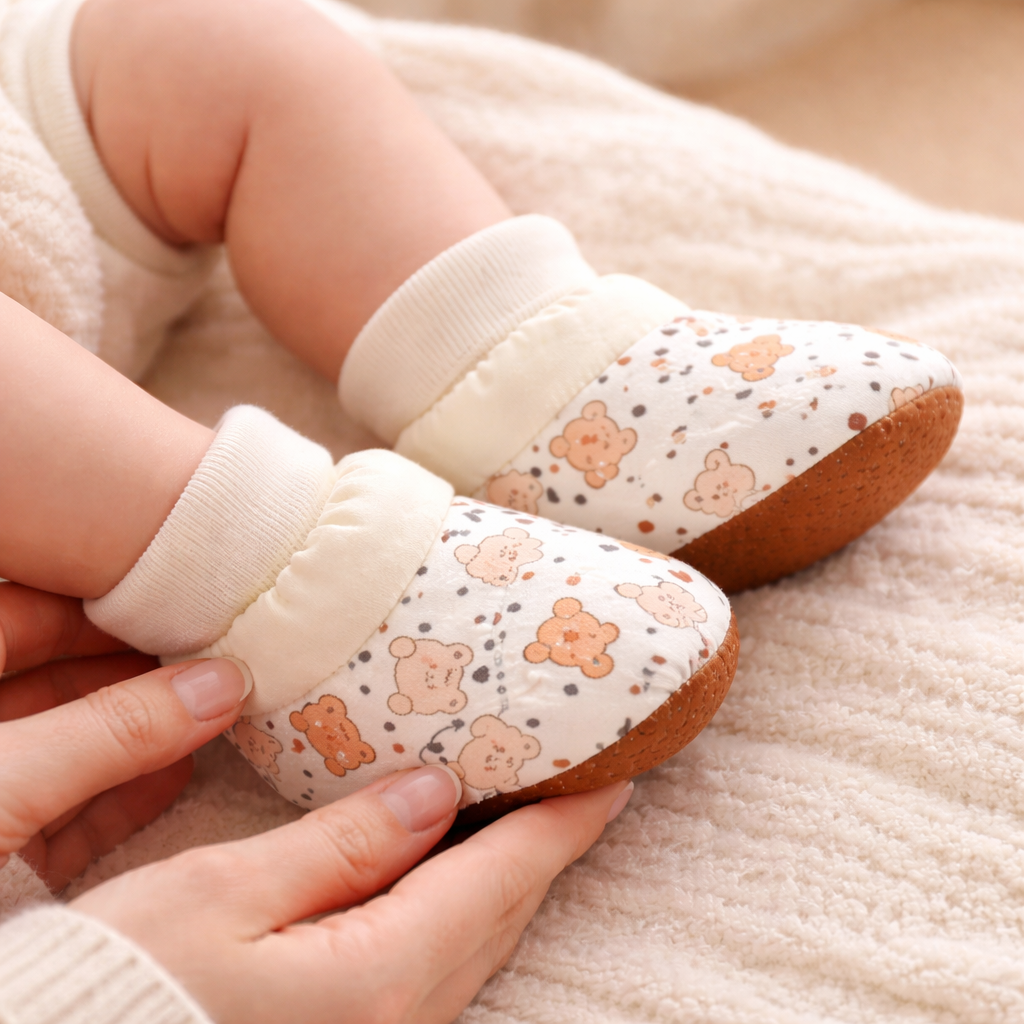 Baby winter warm soft sole anti-slip first walker boots in brown, perfect for infants.
