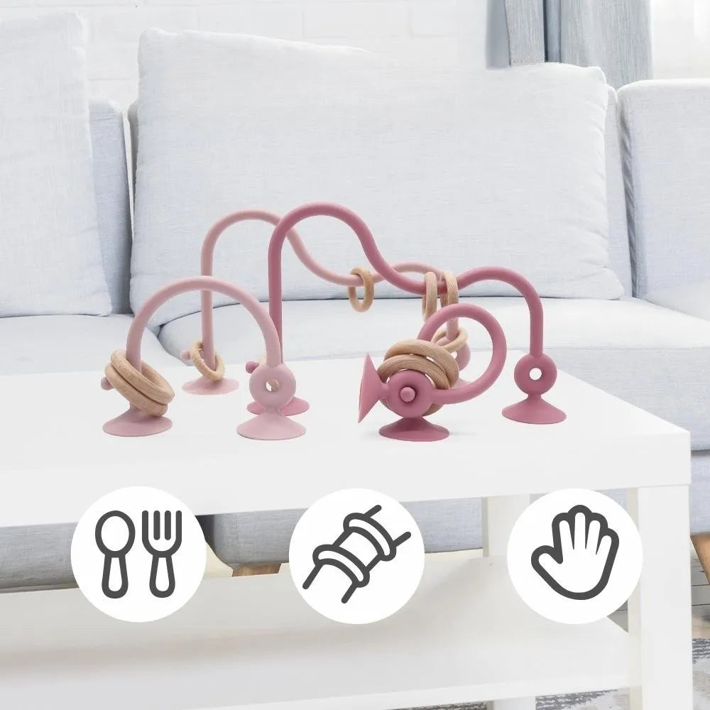 Natural wood ring teether with blush pink silicone, baby toy for gum relief, photography prop