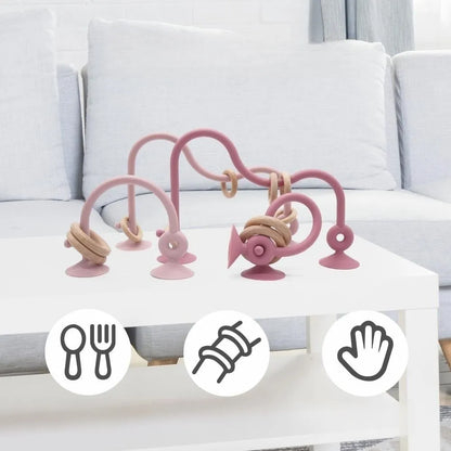 Natural wood ring teether with blush pink silicone, baby toy for gum relief, photography prop