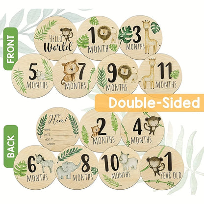Collection of wooden baby milestone discs, excellent photo props for infants