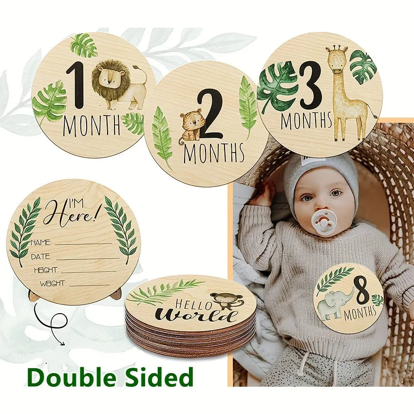Baby accessories: Wooden monthly milestone cards arranged decoratively