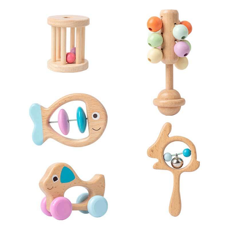 Toddler activity: various wooden rattles and teethers for educational play