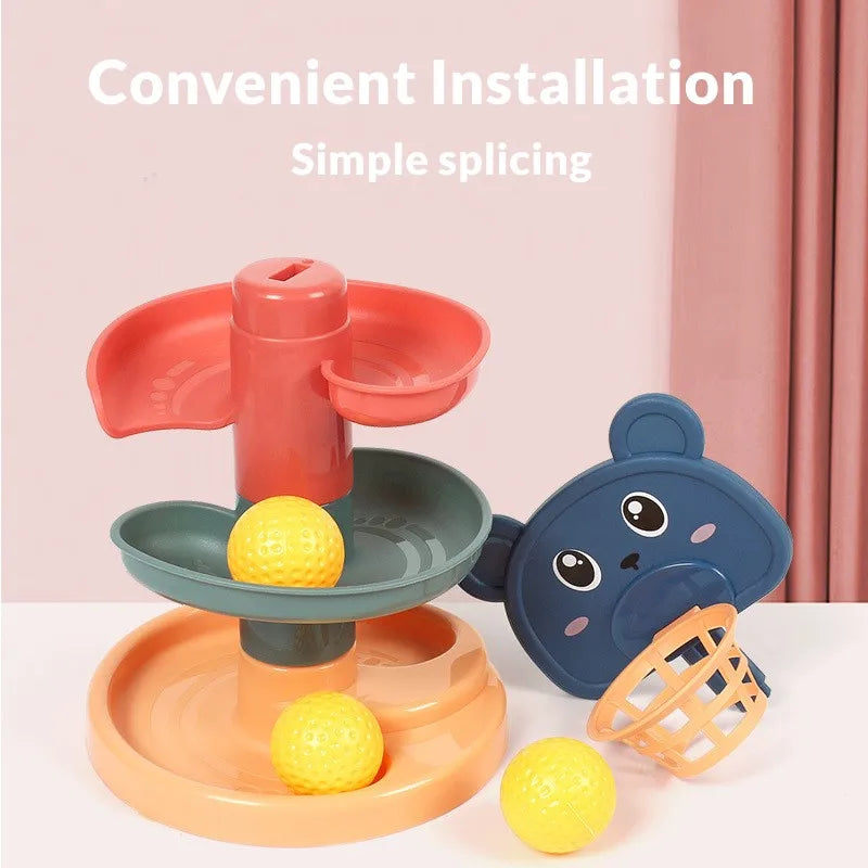 Toddler playing with BambinoBoost Baby Slide and Stacking Play Set, enhancing motor skills and sensory play