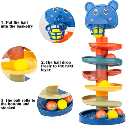 Close-up of BambinoBoost Slide and Stacking Play Set showing vibrant stacking cups and a small slide toy