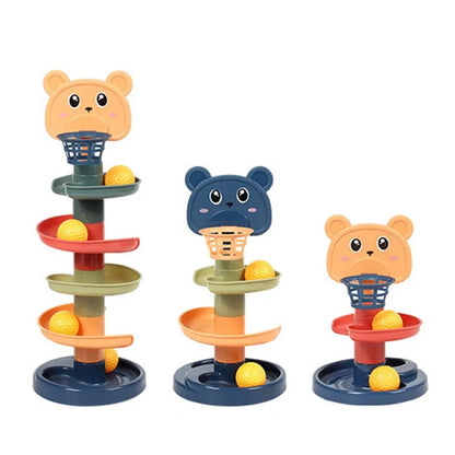Child reaching for colorful rings from the BambinoBoost Baby Slide and Stacking Play Set, a motor skills toy