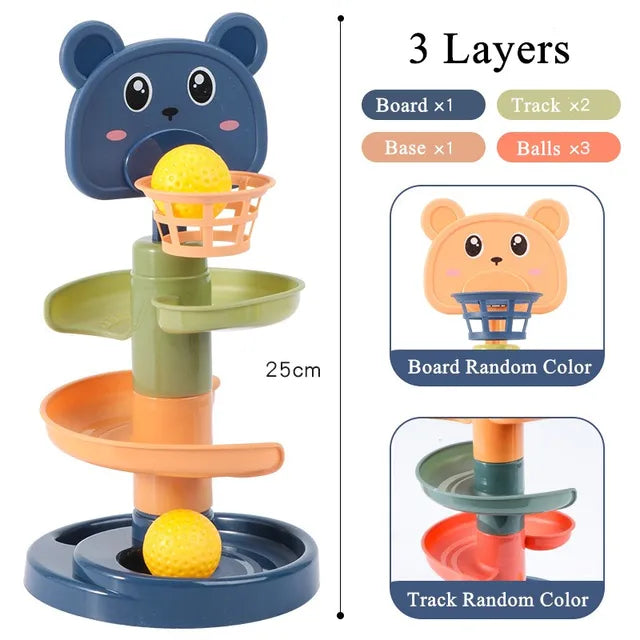 BambinoBoost Baby Slide and Stacking Play Set, featuring a compact slide and textured stacking cups for baby play