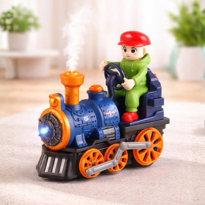 Battery-operated educational steam train toy for toddlers with lights and music, promoting sensory play