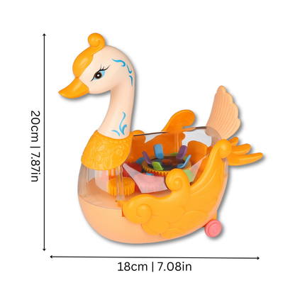 Preschool kids toy: white musical dancing swan with colorful lights and sensory features