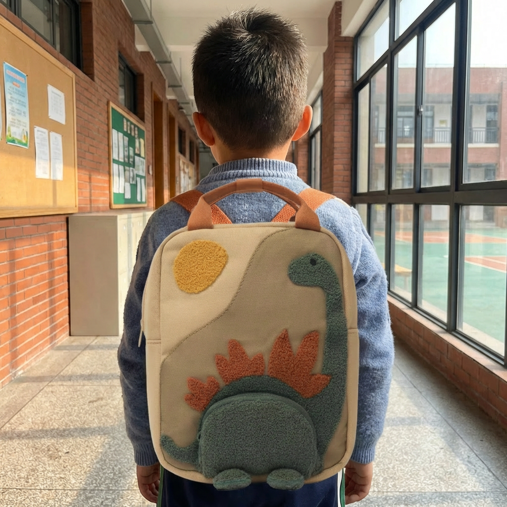 Toddler dinosaur adventure backpack for boys & girls. Cute beige travel bag, ideal for daily outdoor play & kindergarten.