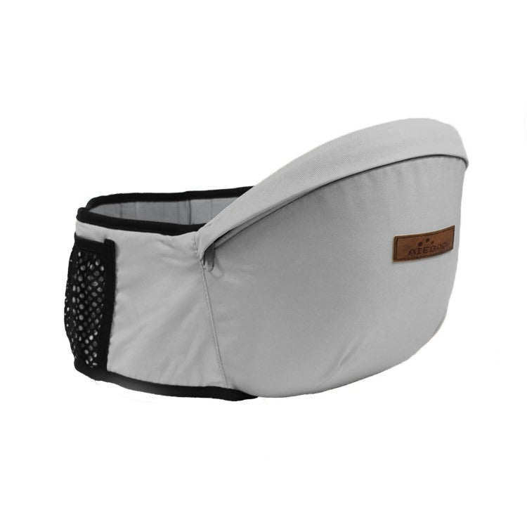 Rear view of an ergonomic baby hip seat carrier in black, emphasizing back support for the parent