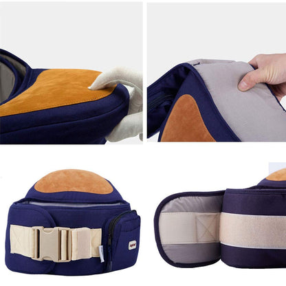 Adjustable beige baby carrier with hip seat, providing ergonomic support for parent and child during transport