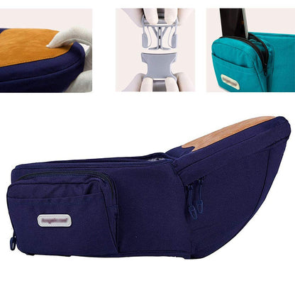 Unisex ergonomic baby hip seat carrier in beige, showcasing its secure buckle and adjustable straps