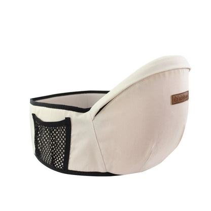 Adjustable straps and buckles of a beige unisex baby carrier with hip seat, ensuring a perfect fit