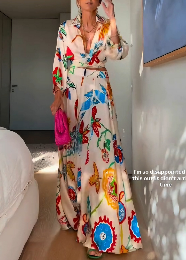 Complete women's beige floral two-piece outfit: a trendy tie-front top & elegant maxi skirt, perfect for resort/beach.