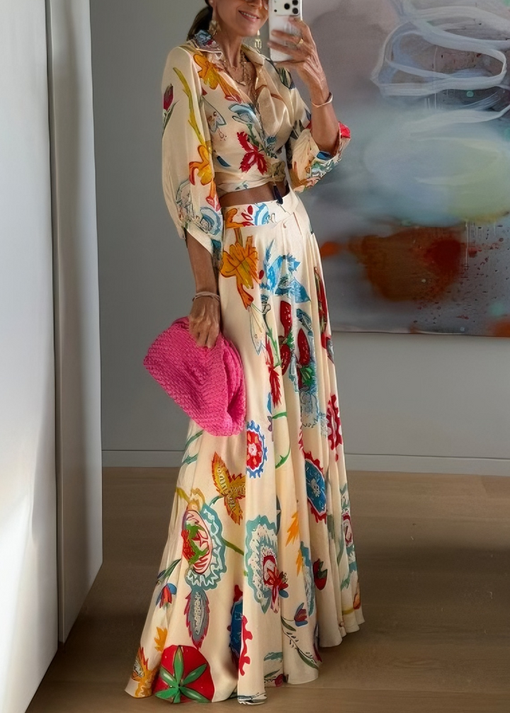 Comfortable women's beige floral print two-piece set, a breezy tie-front shirt & lightweight maxi skirt for warm days.