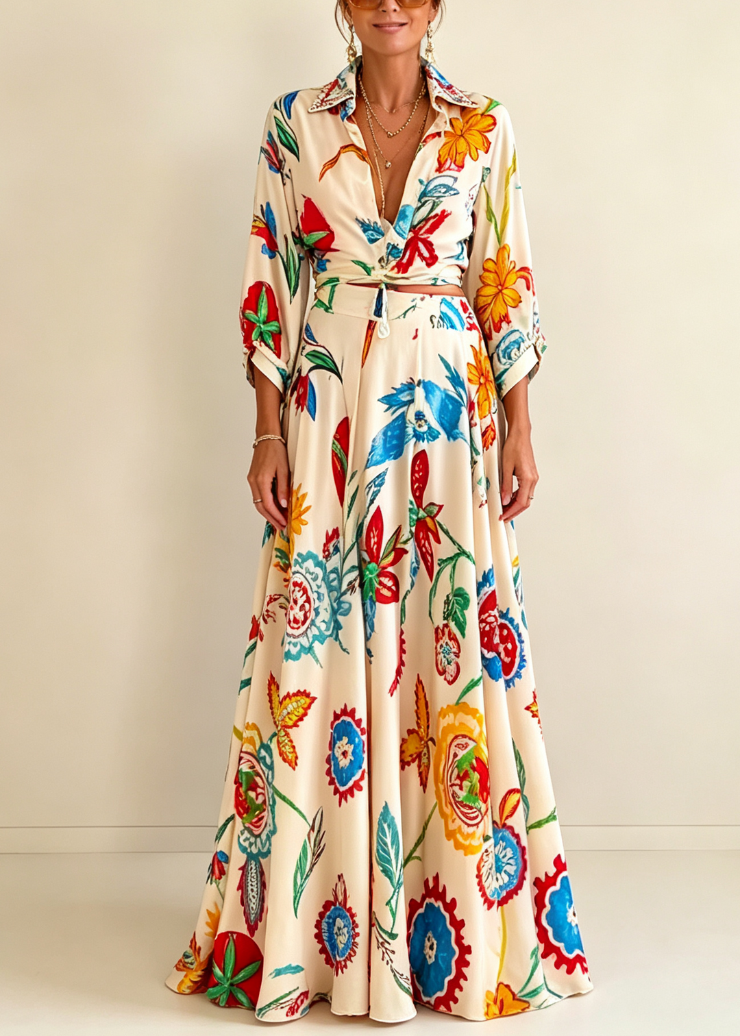 Versatile women's beige floral two-piece set with a stylish tie-front shirt & elegant maxi skirt. Great for summer fashion.