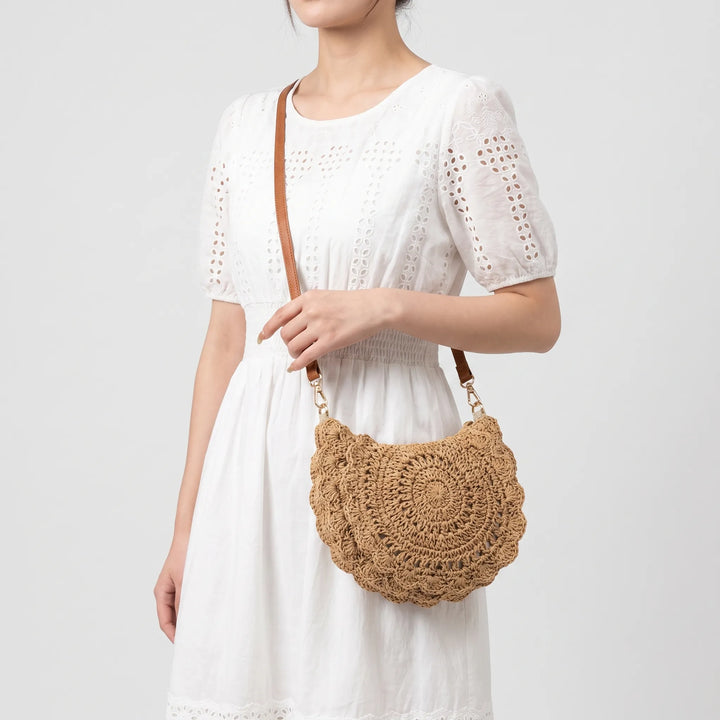 Women's casual khaki textured shoulder bag with unique scalloped flap, perfect for everyday wear and vintage style.