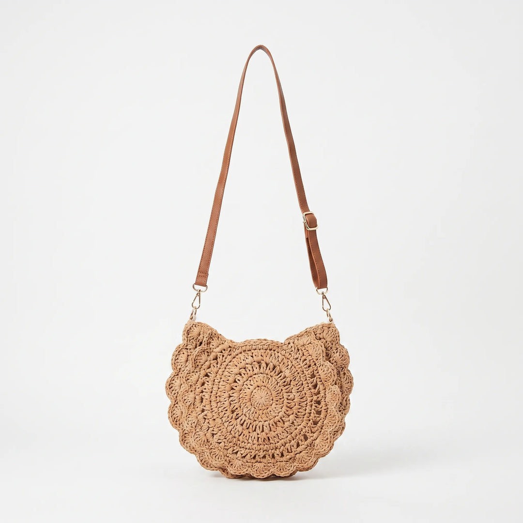 Khaki women's saddle crossbody bag with a chic scalloped flap, featuring a unique textured design for casual style.