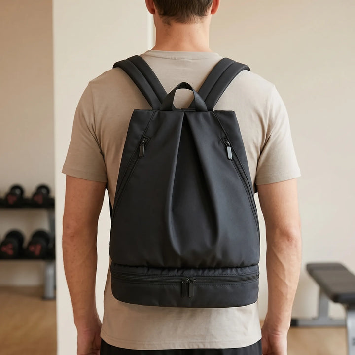 Beige water-repellent adventure backpack, unisex travel daypack for hiking, camping & outdoor activities.