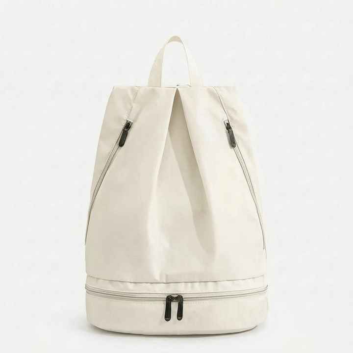 Open beige water-repellent travel backpack, spacious compartments for organized hiking & camping gear.