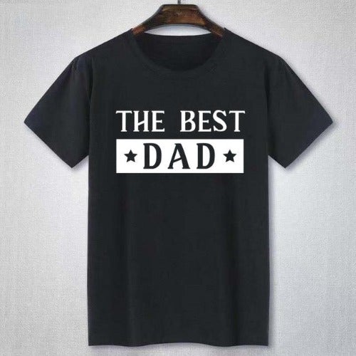 Set of 'Best Dad' matching outfits: adult tee, toddler tee, and baby one-piece for family