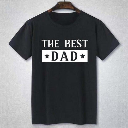 Set of 'Best Dad' matching outfits: adult tee, toddler tee, and baby one-piece for family