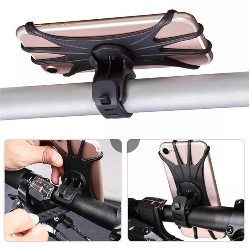 Black 360 rotatable phone holder attached to a baby stroller handle, showing universal compatibility for hands-free use.