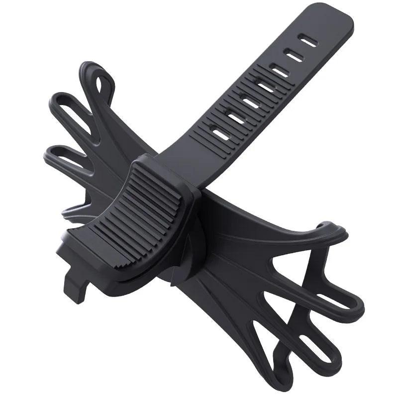 Close-up of a universal phone holder's adjustable clamp and 360-degree rotating ball joint on a stroller.